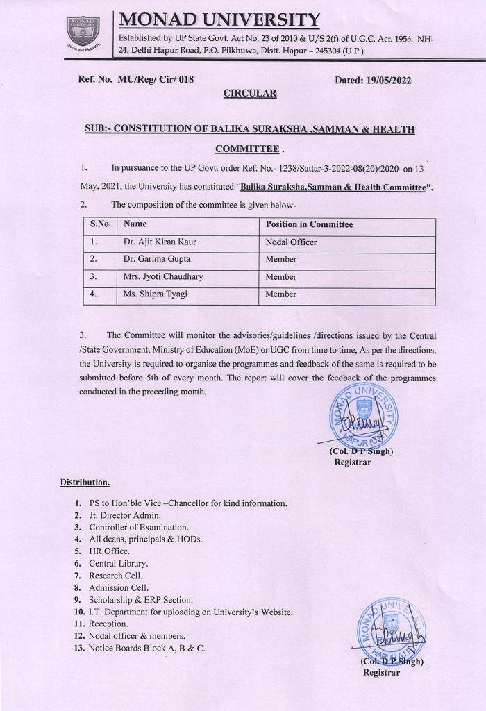 Constitution of Balika Suraksha Samman and Helath Committee